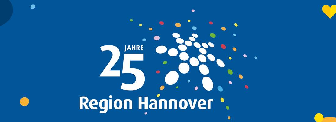 blauer Hintergrund, davor in weißer Schrift in Zeilen versetzt "25 Jahre Region Hannover", dazu das Logo der Region bestehtnd aus Punkten welche in einem Kreis angeordnet sind, davon gehen weitere Punkte nach außen ab.