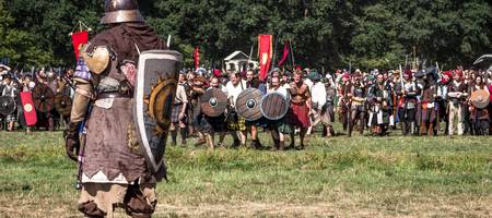 Mittelalterlich verkleideter Kämpfer steht mit einem Schild bewaffnet einer Gruppe auf einem Feld gegenüber