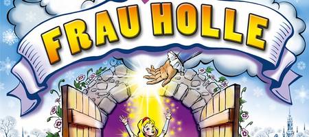 Illustration zum Märchen Frau Holle mit winterlicher Szenerie: Eine junge Frau tritt strahlend aus einem geöffneten Tor, während über ihr die Figur von Frau Holle erscheint und Schneeflocken herabfallen.