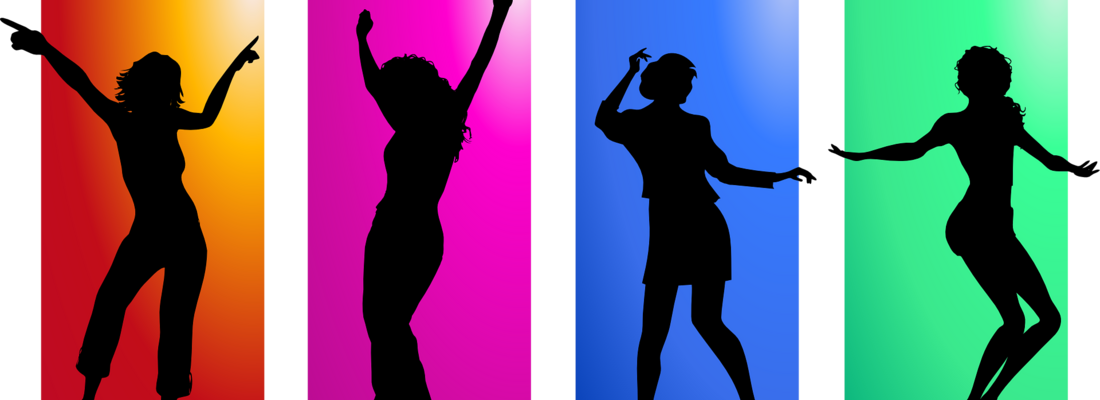 Vier tanzende Silhouetten vor farbigem Hintergrund
