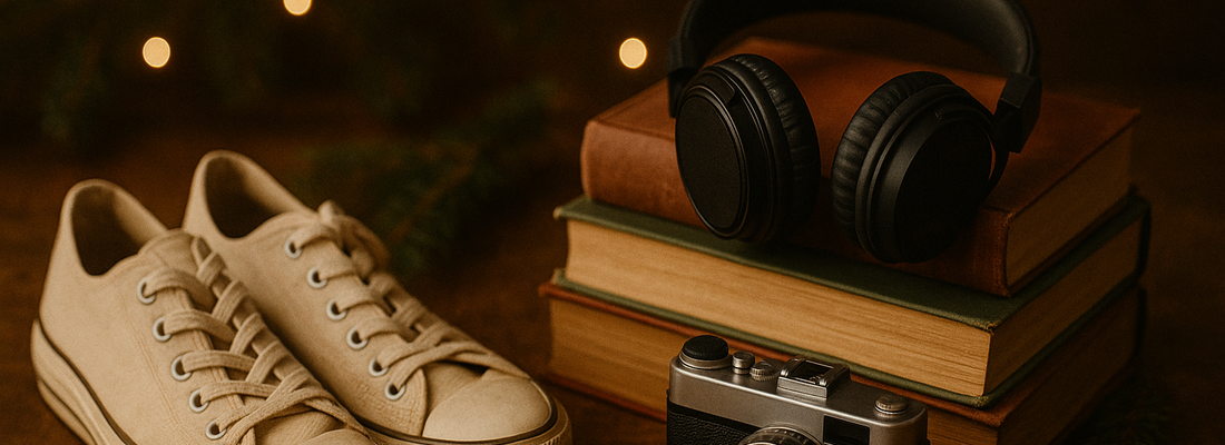 Sneaker, Bücher, Kopfhörer und eine Kamera auf einem Holztisch, dahinter warme Lichter und etwas Tannengrün.