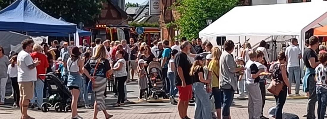 Blick auf das Dorffest mit Besuchenden und Ständen