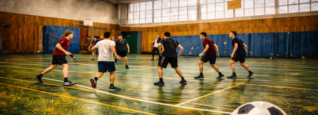 eine Gruppe Jugendlicher spielt in einer Turnhalle Fußball