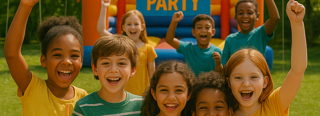 KI generiertes Bild: Kinder mit Melonenstücken vor einer Hüpfburg