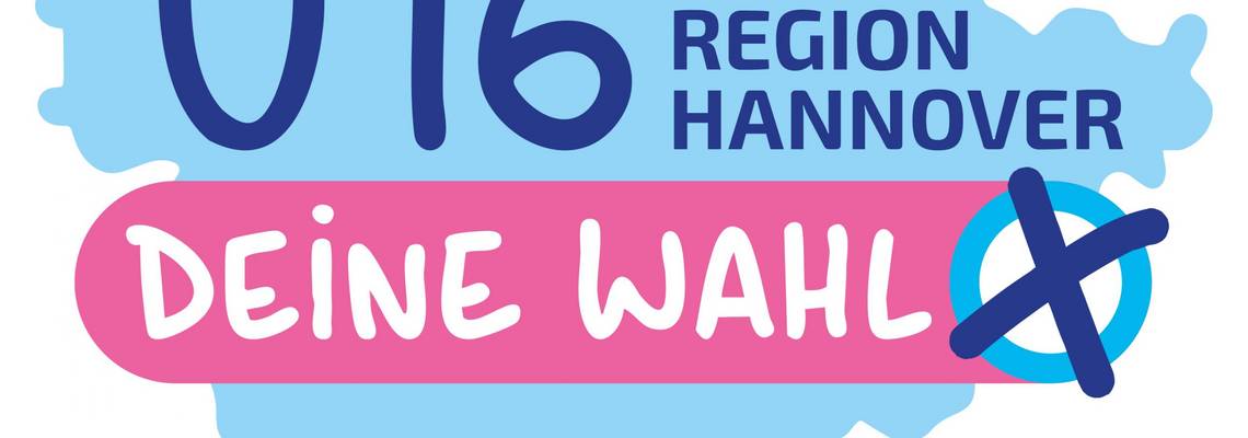 Logo U-16 Wahl © Region Hannover Logo U-16 Wahl mit Schriftzug auf einer Umrisskarte der Region Hannover