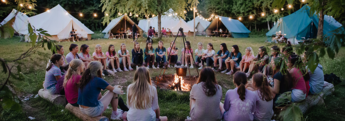 Teilnehmende eines Aktionscamps sitzen gemeinsam an einem Lagerfeuer auf einem Zeltplatz. Im Hintergrund stehen mehrere Zelte inmitten einer naturnahen Umgebung.
