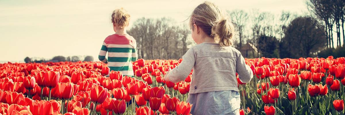 Zwei Mädchen sind von hinten zusehen, wie sie durch ein rotes Tulpenfeld laufen ©Pixabay