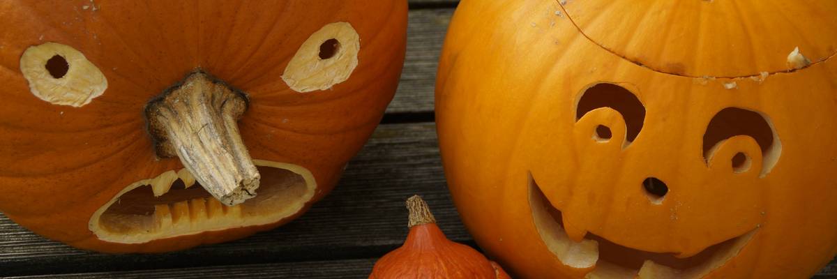 Drei geschnitzte Halloween Kürbisse