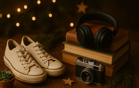 Sneaker, Bücher, Kopfhörer und eine Kamera auf einem Holztisch, dahinter warme Lichter und etwas Tannengrün.
