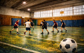 eine Gruppe Jugendlicher spielt in einer Turnhalle Fußball