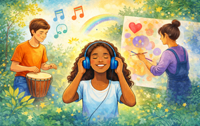 Animierte Jugendliche sind künstlerisch in der Natur aktiv