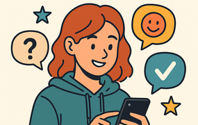 KI-generiertes Mädchen, das auf ihrem Handy tippt. Im Hintergrund Symbole wie Fragezeichen oder Haken