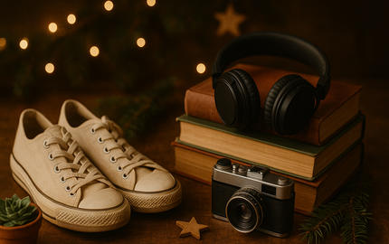 Sneaker, Bücher, Kopfhörer und eine Kamera auf einem Holztisch, dahinter warme Lichter und etwas Tannengrün.