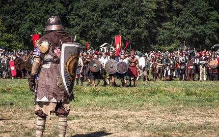 Mittelalterlich verkleideter Kämpfer steht mit einem Schild bewaffnet einer Gruppe auf einem Feld gegenüber