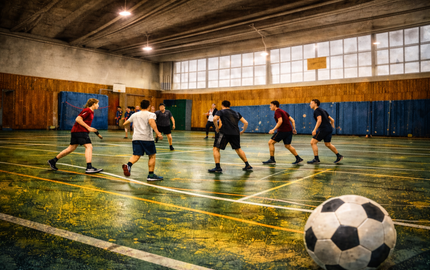 eine Gruppe Jugendlicher spielt in einer Turnhalle Fußball