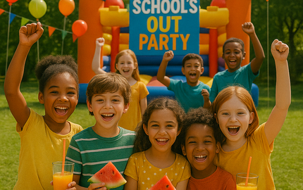 KI generiertes Bild: Kinder mit Melonenstücken vor einer Hüpfburg