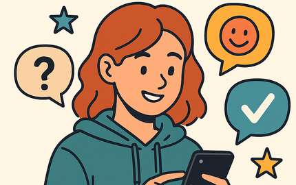 KI-generiertes Mädchen, das auf ihrem Handy tippt. Im Hintergrund Symbole wie Fragezeichen oder Haken