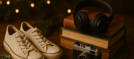 Sneaker, Bücher, Kopfhörer und eine Kamera auf einem Holztisch, dahinter warme Lichter und etwas Tannengrün.