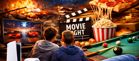 Zwei Jungs von hinten zu sehen mit Aussicht auf TV, Pizza, Stockbrot und Billard