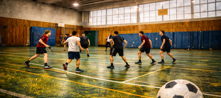 eine Gruppe Jugendlicher spielt in einer Turnhalle Fußball
